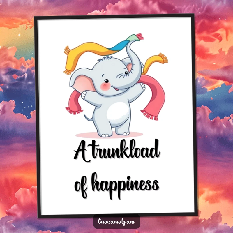 Funny digital art print of a happy elephant juggling bright, colorful scarves with its trunk, celebrating pure fun.
