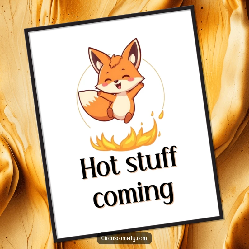 Funny Fox Digital Art Print: A happy fox mid-leap through a ring of fire, delivering instant daring excitement and humor to digital displays.