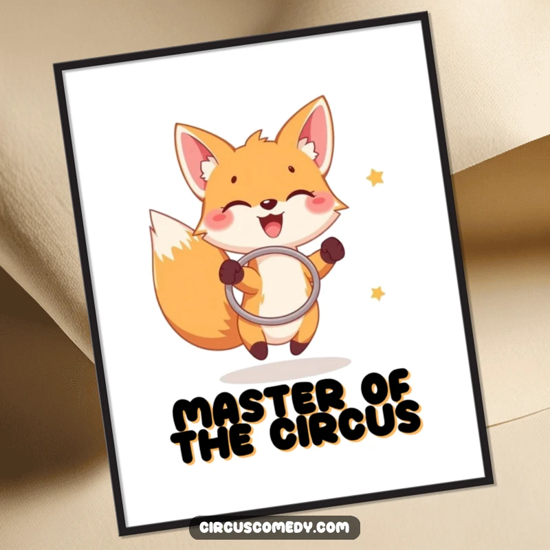 Funny fox digital art print, a joyful fox catching rings with a hoop, high-resolution humorous art.