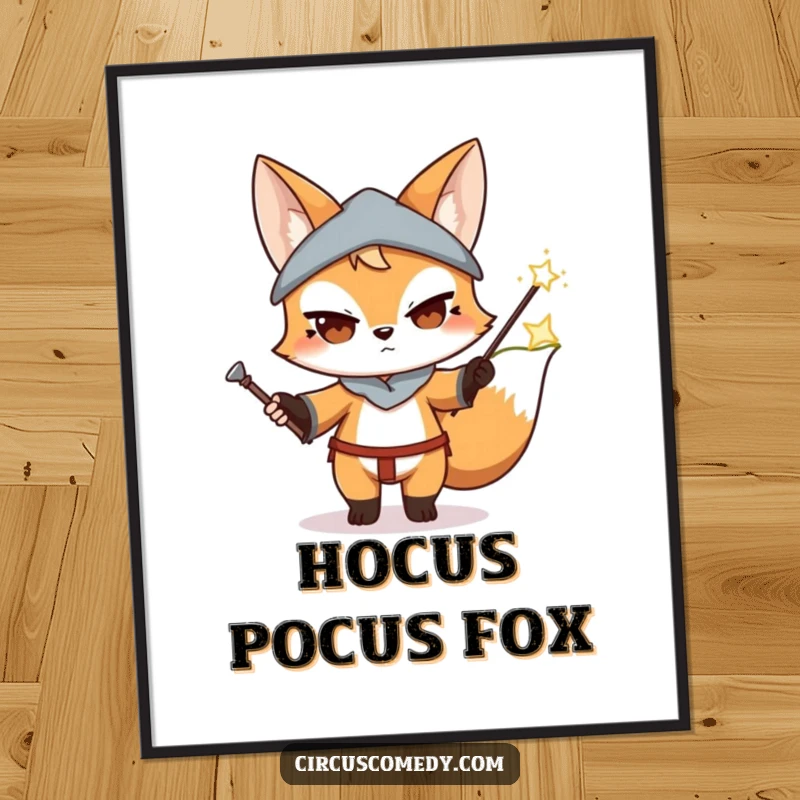 Funny Fox Magician Digital Art Print: High-quality digital art of a determined fox performing an impressive magic trick with a wand.
