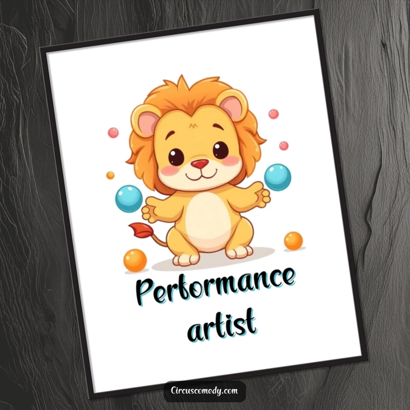 Funny digital art print of a cute lion juggling small balls, displaying focus and playful showmanship for instant joy.