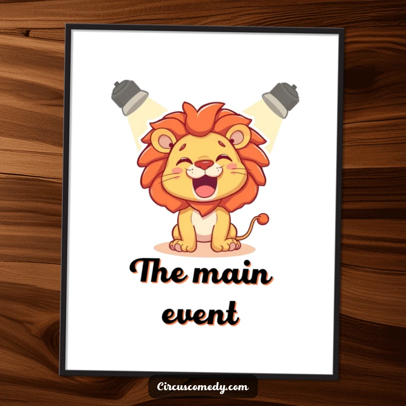 Funny Digital Art Print: A delighted lion roaring playfully, dramatically illuminated by a spotlight.