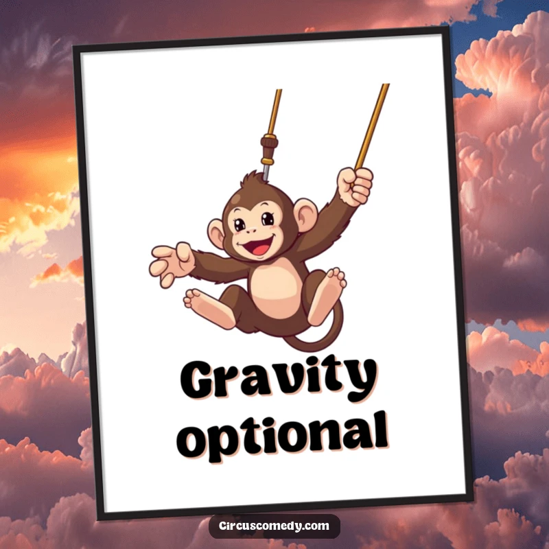 Funny digital art print of a determined monkey swinging dynamically from a trapeze, ready to add energy to any room.