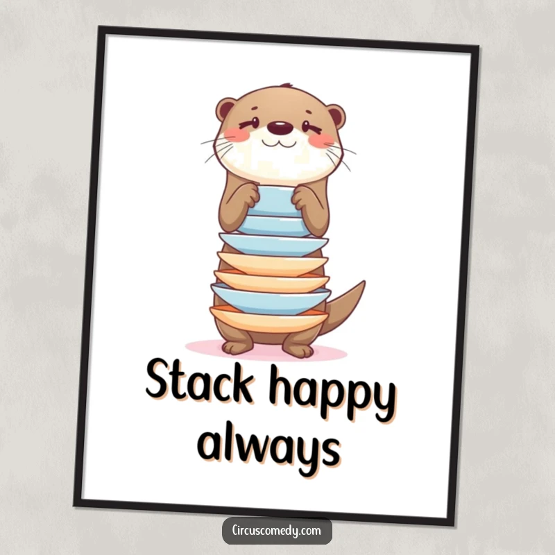 Funny otter balancing a tall stack of plates, digital art print, whimsical and humorous decor.