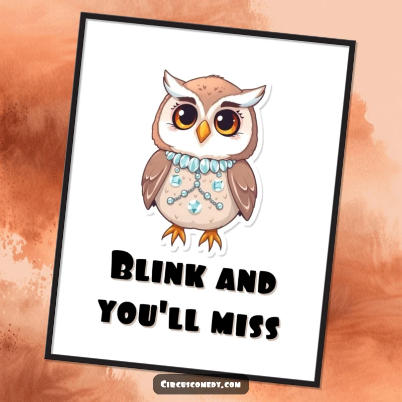 Funny owl in a sequined costume blinking curiously, digital art print, glamorous and humorous decor.