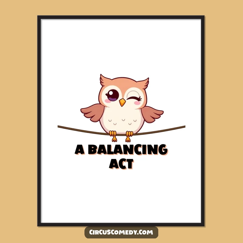Funny Owl Tightrope Digital Art: Winking Bird Print, Instant Wise Funny Gift!