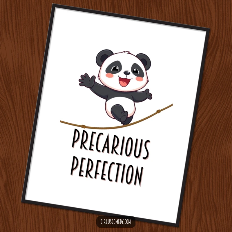 Funny panda digital art print of a smiling panda walking a tightrope with cheerful determination, creating inspiring and bold wall art.