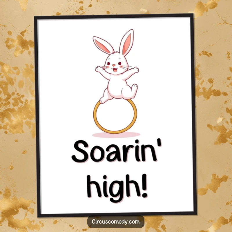 Funny rabbit digital art print, depicting a rabbit soaring over a hoop in a high jump, embodying athletic spirit and playful energy, for dynamic decor.