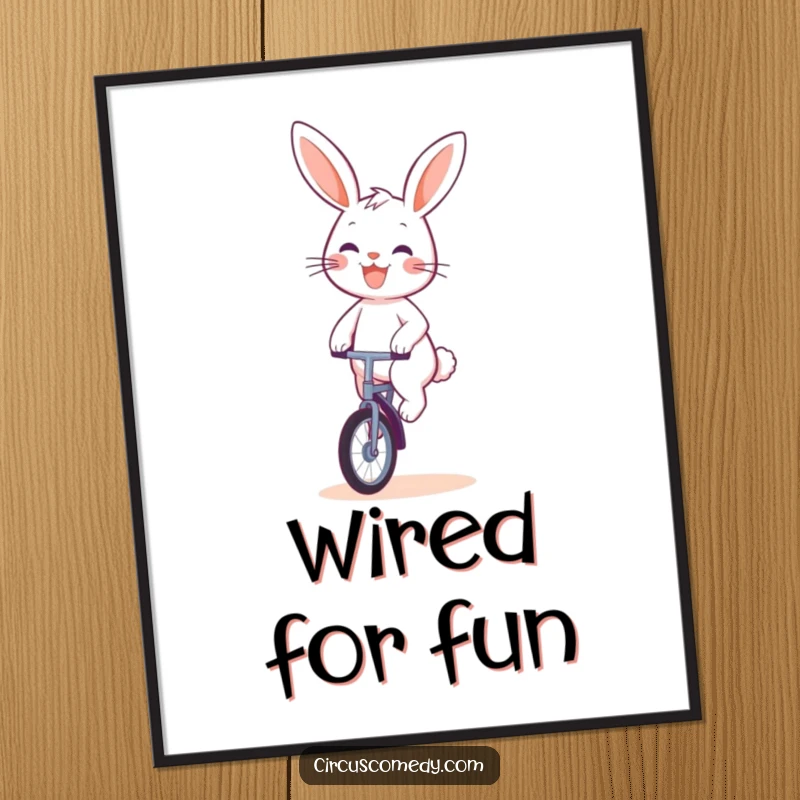 Funny Rabbit Unicyclist Digital Art Print: High-quality digital art of a cheerful rabbit grins widely while riding a unicycle.