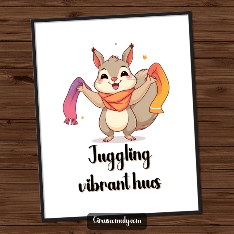 Funny digital art print of a smiling squirrel skillfully juggling colorful scarves, creating an instant burst of vibrant and joyful wall decor.