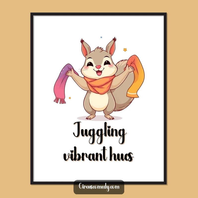 Funny Squirrel Digital Art: Cheerful Juggler with Scarves - Instant Vibrant Decor