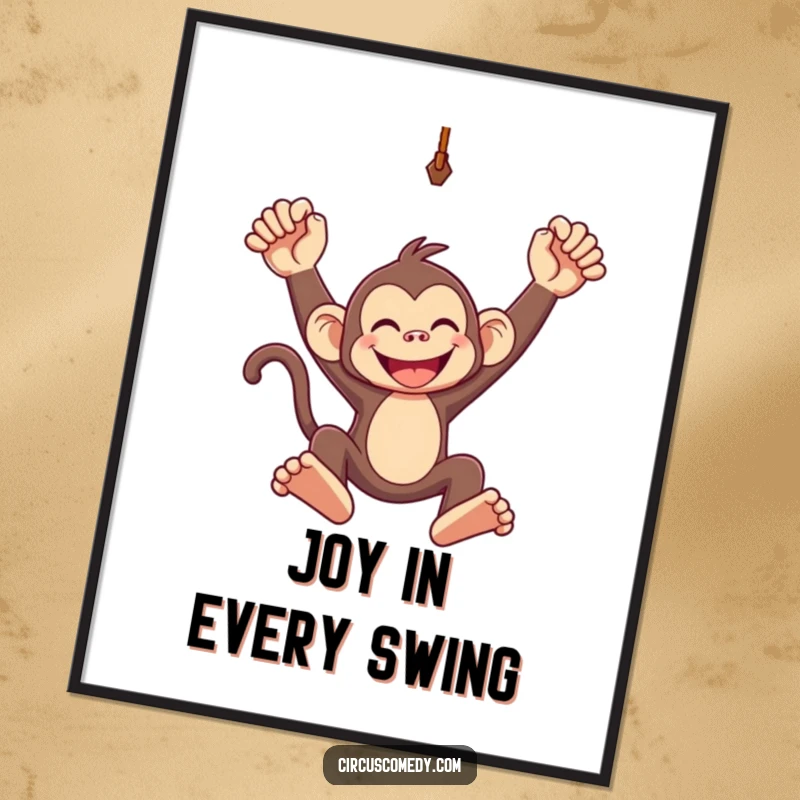 Funny digital art print of a grinning monkey joyfully swinging from a trapeze, capturing a moment of pure, uninhibited fun.