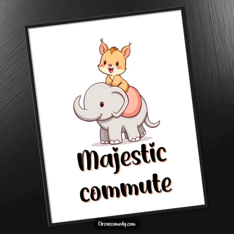 Funny squirrel digital art print, a cheerful squirrel riding an elephant, whimsical and humorous wall art.