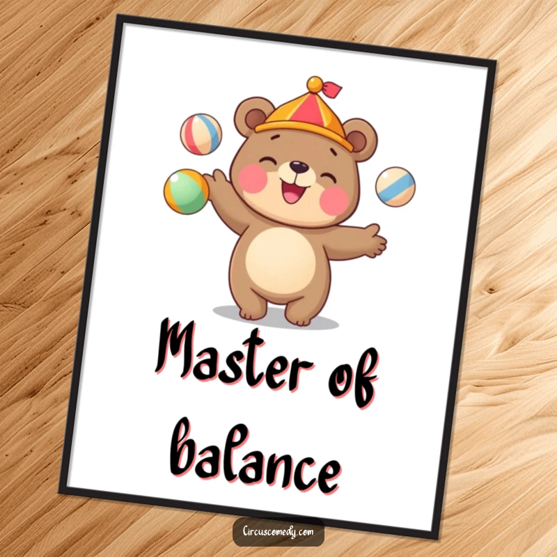 Funny bear digital art print of a cute bear juggling colorful circus balls with a happy grin, for instant decor.
