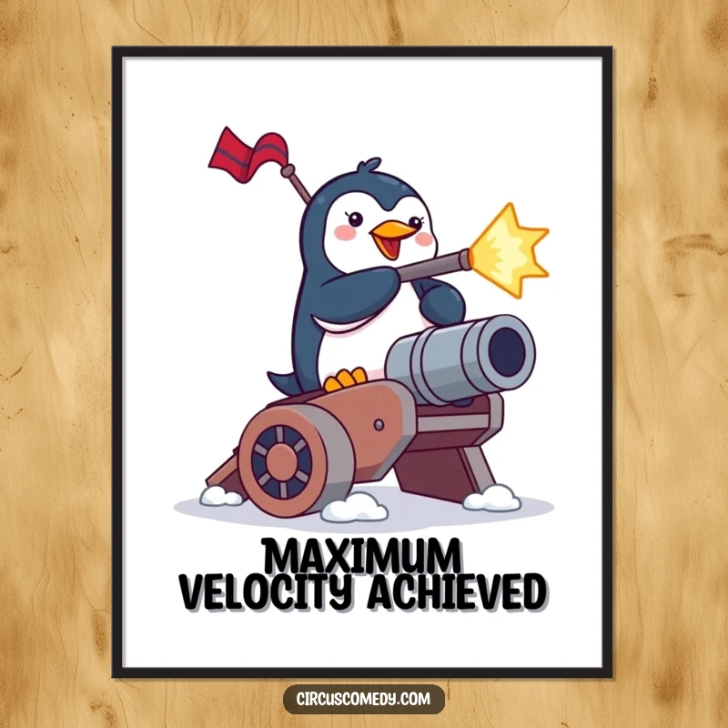 Funny penguin digital art print, a brave penguin launching from a cannon, high-resolution humorous artwork.
