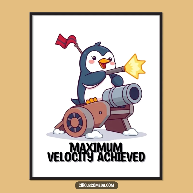 Funny Penguin Cannon Blast Digital Print: Brave Birdy's Launch for Your Wall
