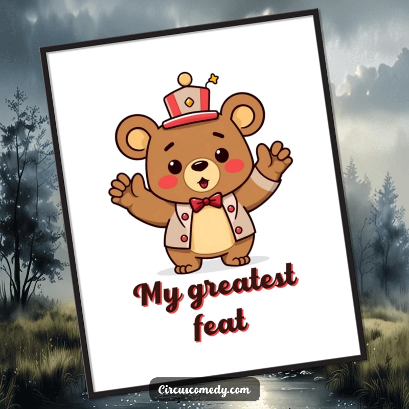 Funny Digital Art Print: A triumphant bear wearing a circus ringmaster hat and taking a bow.