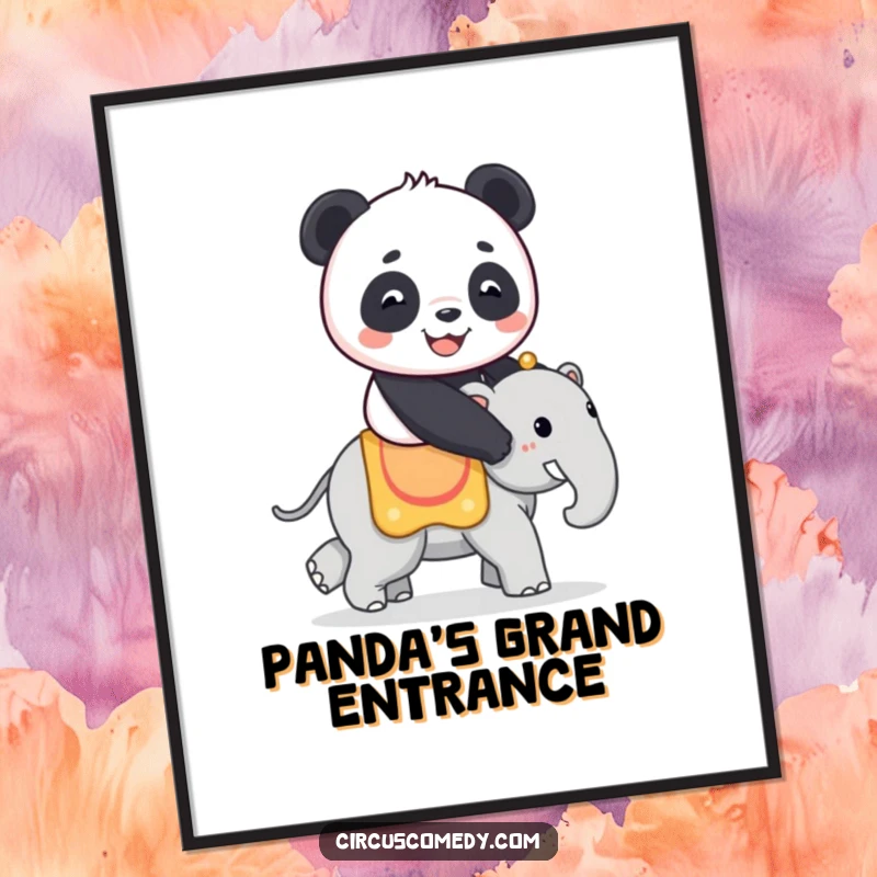 Funny digital art print of a happy panda riding a small circus elephant, creating an instant burst of whimsical and heartwarming wall decor.