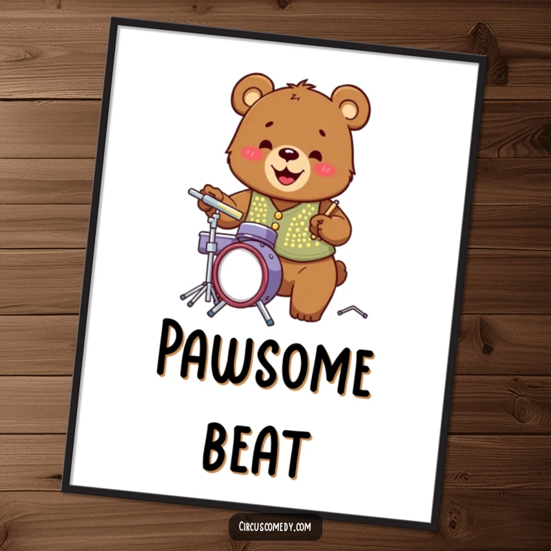 Funny bear in a dazzling sequined vest, passionately playing a miniature drum set with an infectious, wide grin.