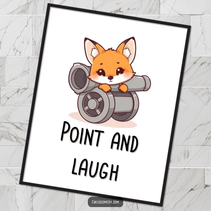 A curious fox peeking out from a cannon, conveying mischief and adventure, ready to be printed as humorous wall art.