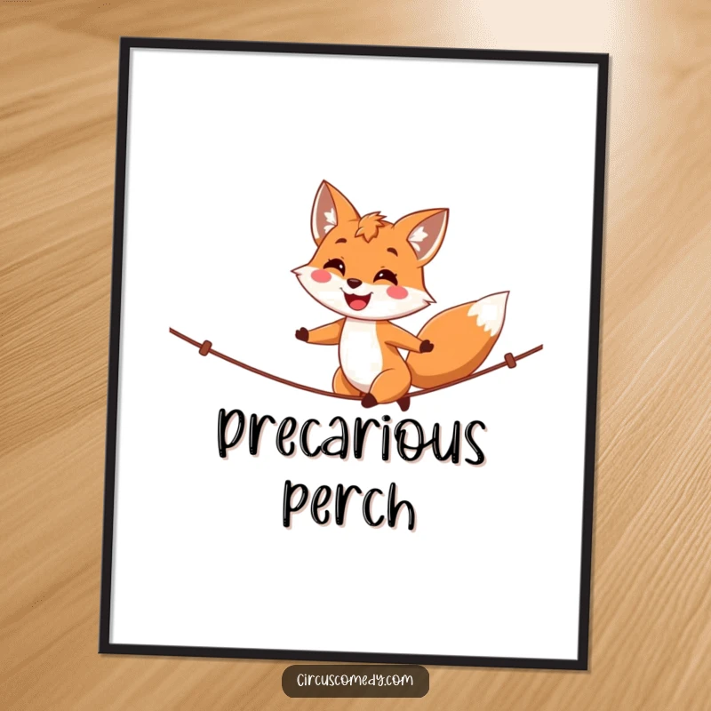 Funny fox digital art print, a happy fox walking a tightrope with a proud smile, colorful and humorous wall art.
