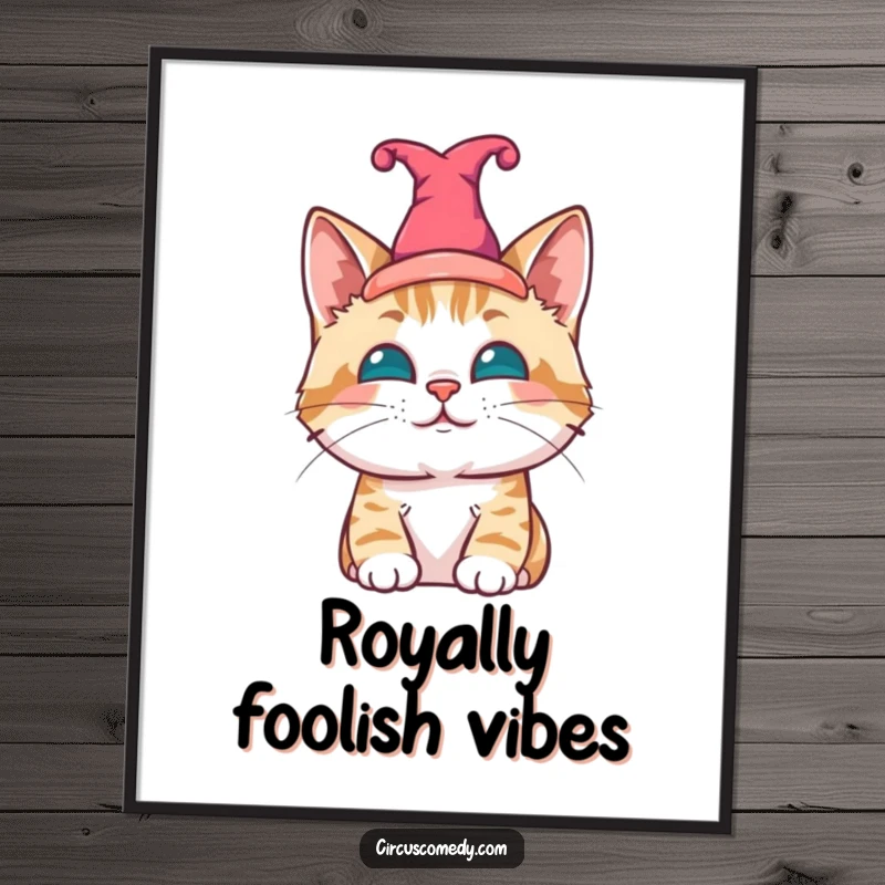 Funny cat digital art print, a content cat wearing a small jester hat, high-resolution whimsical art.