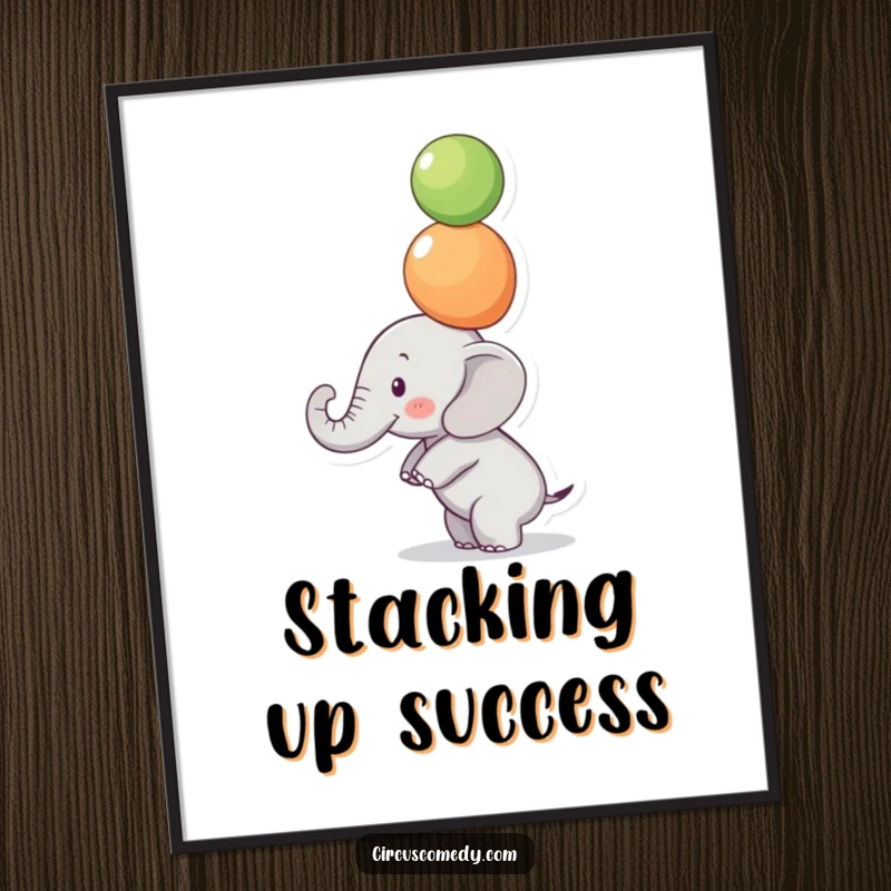 Funny Focused Elephant Digital Art Print: A small elephant balances colorful balls on its trunk with intense focus, instant funny decor.