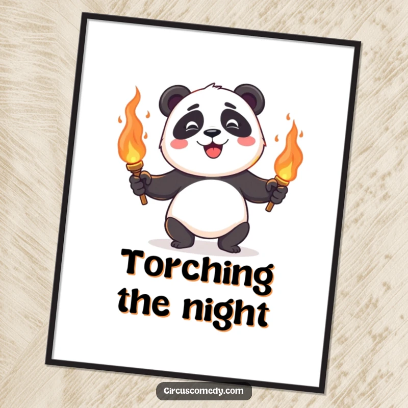 A happy panda juggling flaming torches with impressive skill, conveying excitement and humor, ready to be printed as wall art.