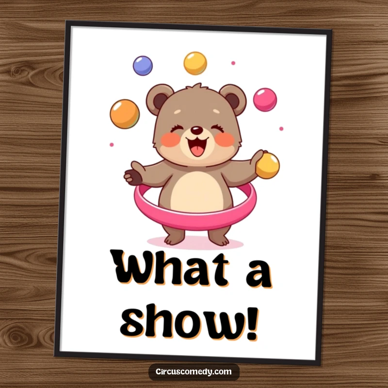 Funny bear cub digital art print, capturing a bear cub in mid-juggle, radiating happiness and circus energy, for joyful home decor.