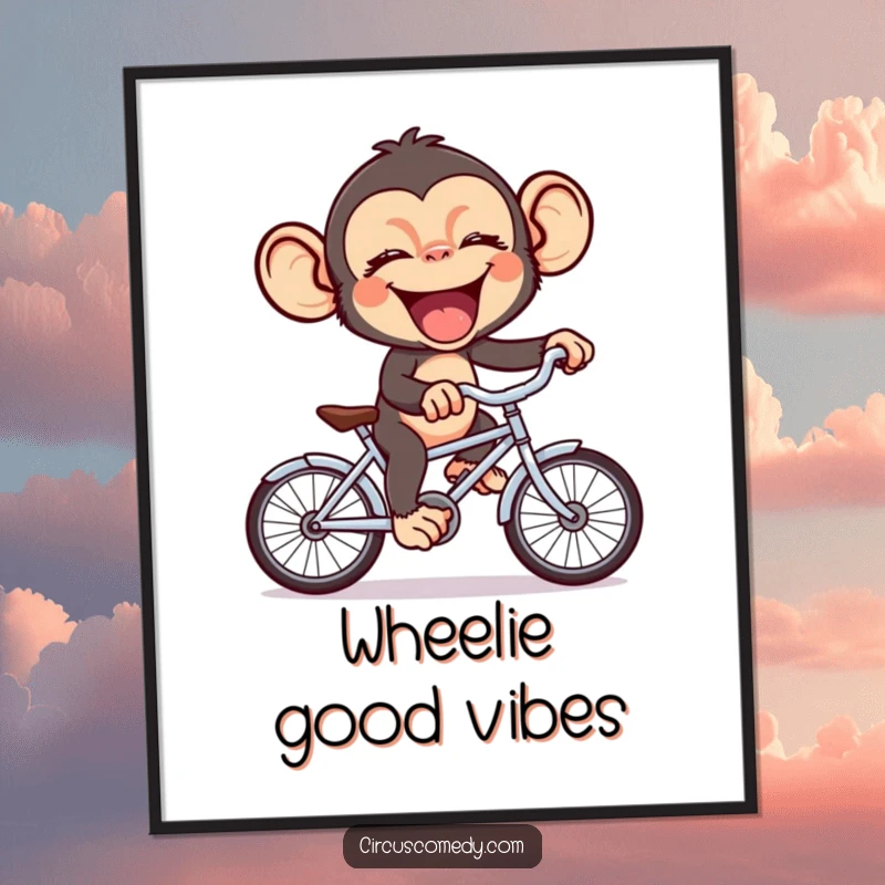 Funny chimp in fits of giggles riding a tiny bicycle, a vibrant and humorous digital artwork for instant wall decor.