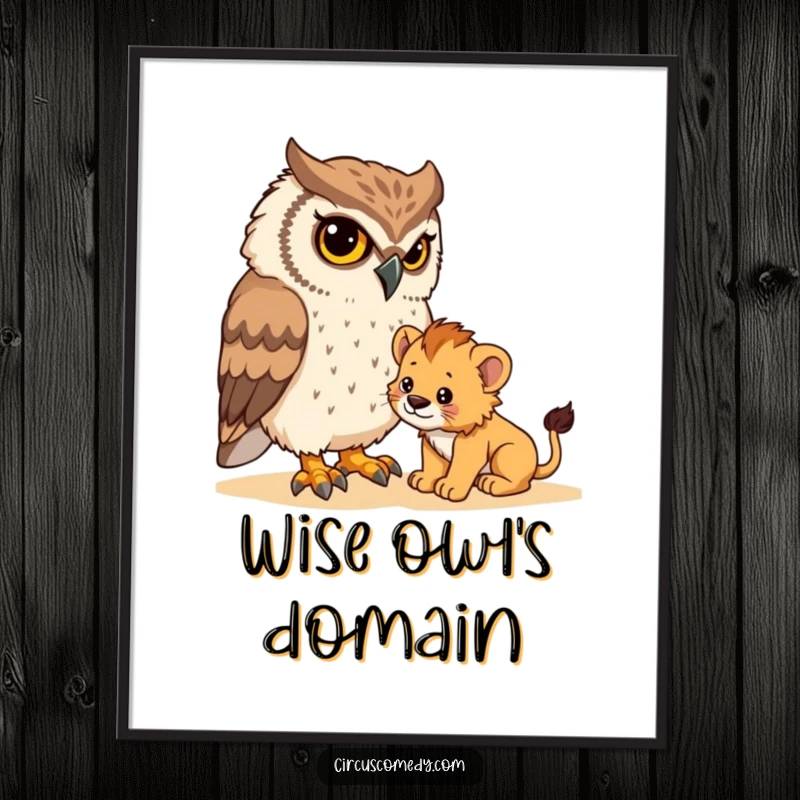 Funny digital art print of a determined owl attempting to gently manage a tiny lion cub, creating a humorous and endearing wall display.