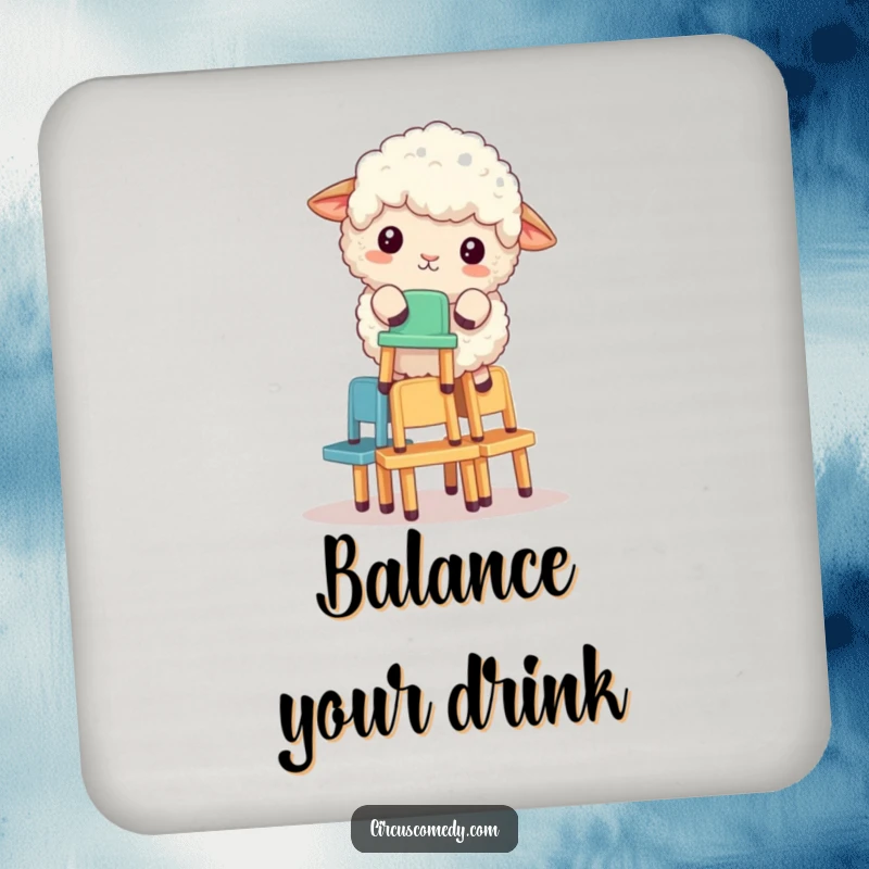 Funny fluffy sheep balancing a stack of tiny chairs on a drink coaster, providing protection with a humorous touch.
