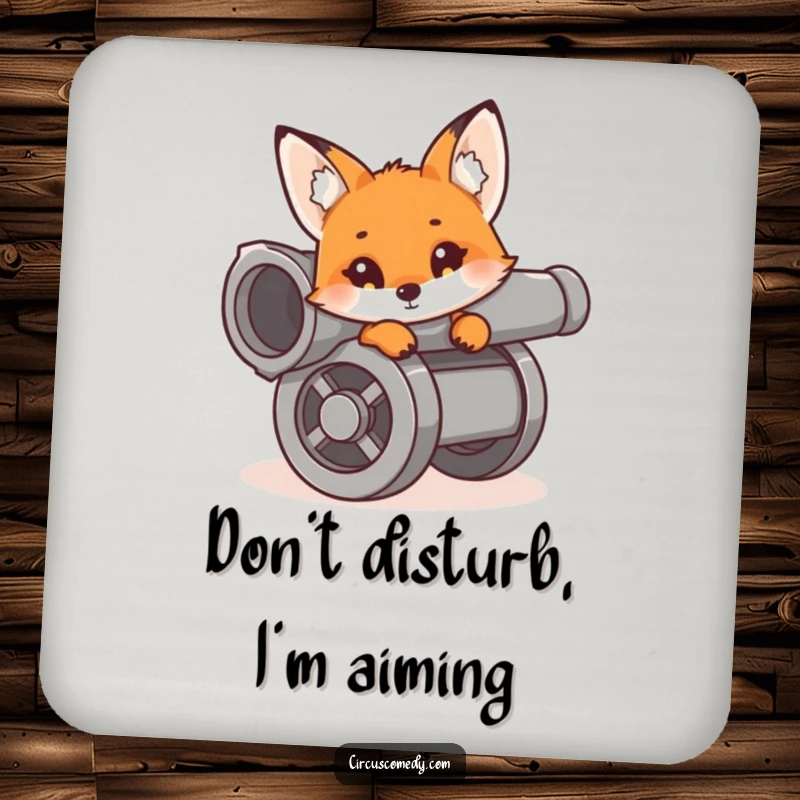 A curious fox peeking from a cannon, a humorous and protective coaster for your beverages.