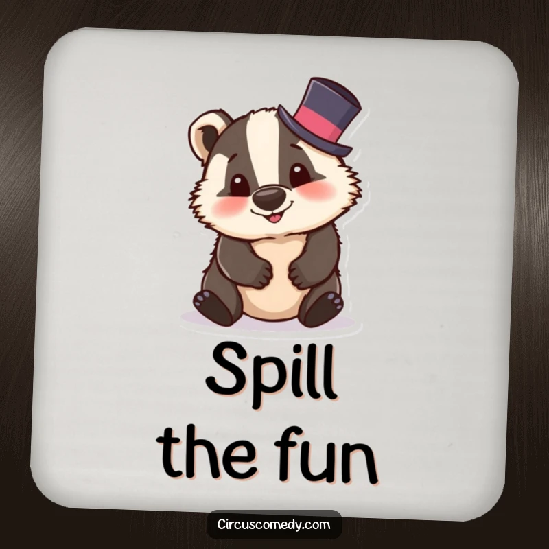 Funny badger drink coaster featuring a silly badger in a tiny top hat, tumbling, adding playful protection.