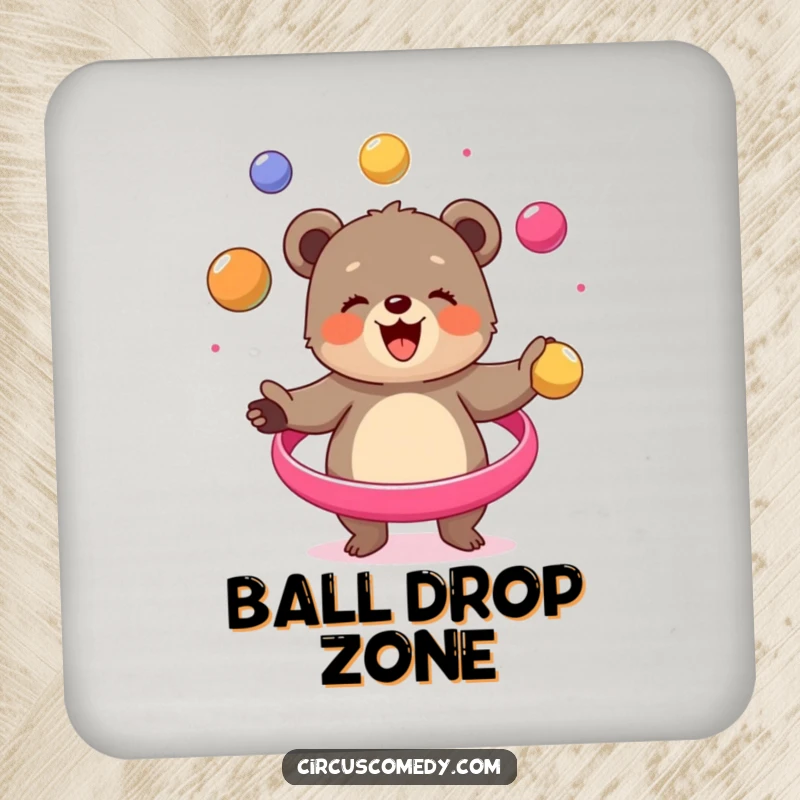 Funny bear cub coaster, illustrated juggling colorful balls, adding a touch of circus fun to protect surfaces, a humorous accessory.