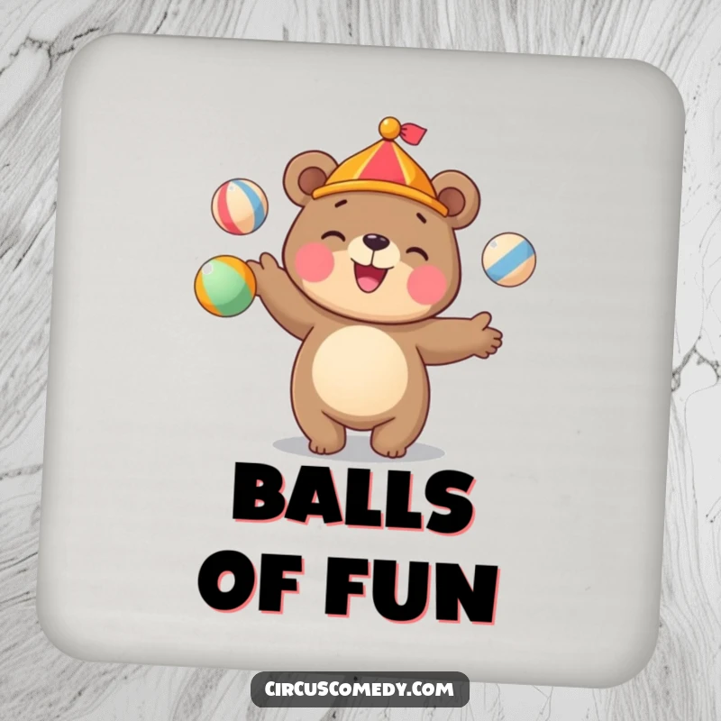 Funny bear coasters showing a cute bear juggling colorful circus balls with a happy grin, protecting surfaces.