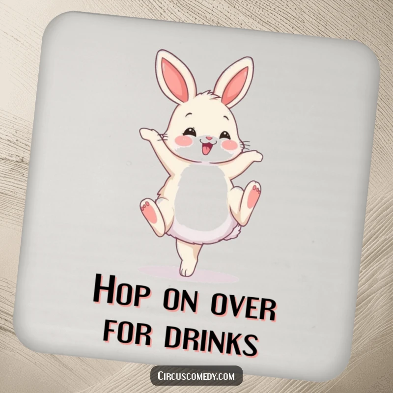 Funny drink coaster with a fluffy bunny performing a cartwheel with a flourish, adding a splash of whimsical humor.