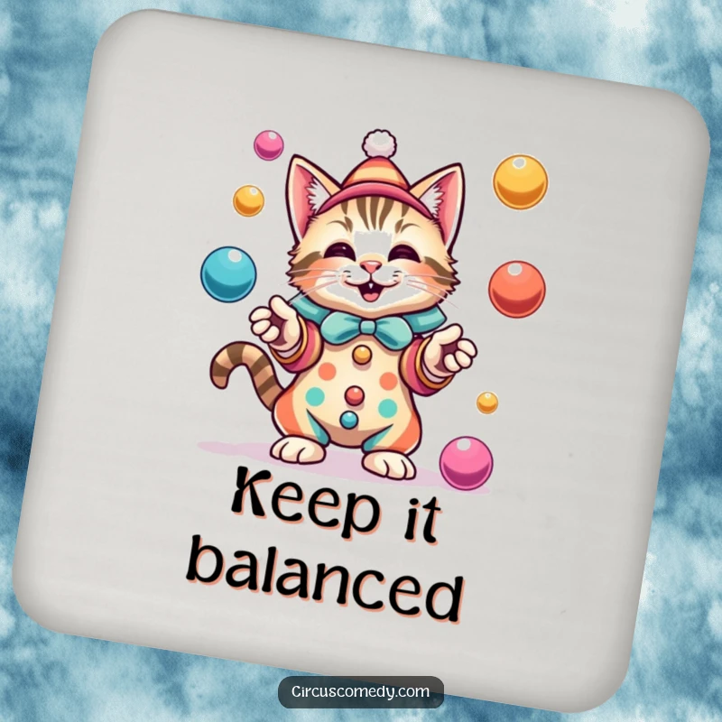 Funny cat dressed as a clown, skillfully juggling colorful balls with an expression of pure delight, perfect for coasters.