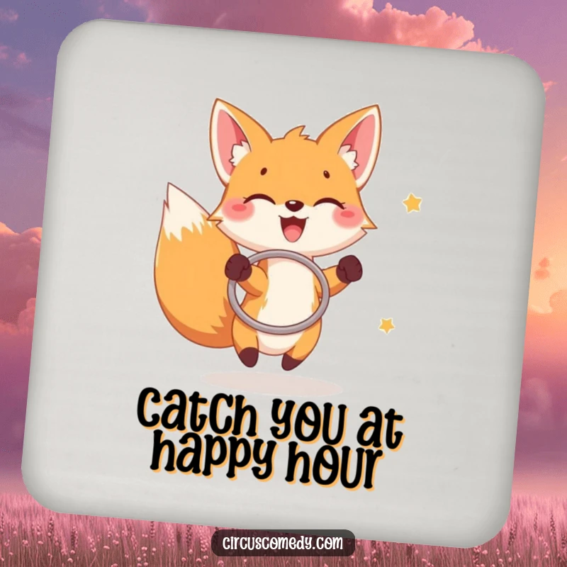 Funny fox coasters, a joyful fox catching rings with a hoop, protecting surfaces with playful humor.
