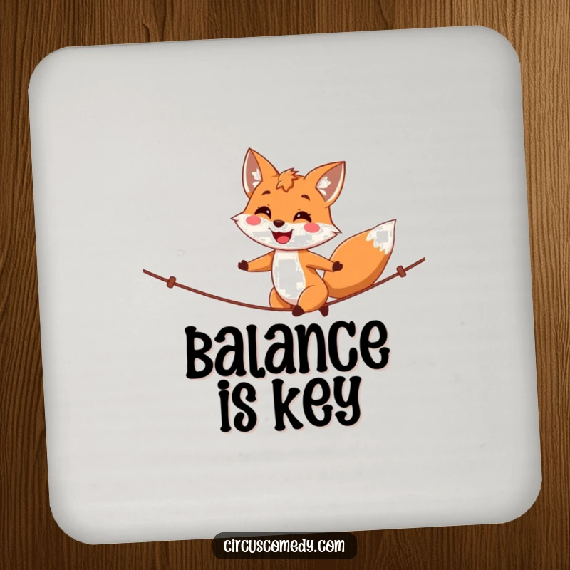 Funny fox coasters, a happy fox walking a tightrope with a proud smile, protecting surfaces with humorous flair.