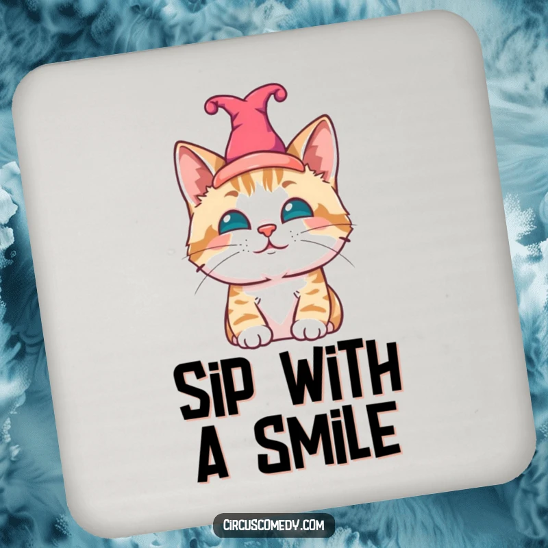 Funny cat coasters, a contented cat wearing a jester hat, protecting surfaces with charming humor.