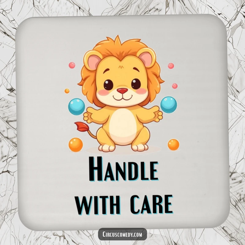 Funny coaster featuring a skilled lion juggling various items, adding a touch of playful artistry to table settings.