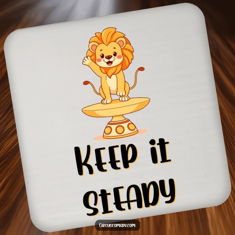 Funny lion coaster, illustrated balancing regally on a spinning plate, offering surface protection with majestic humor, a witty accessory.