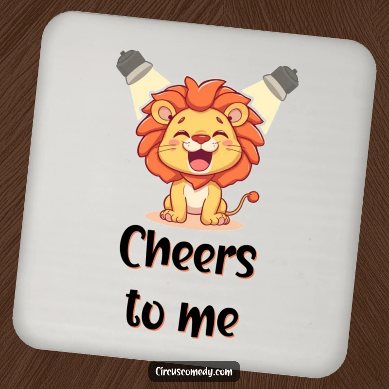 Funny Coaster: A delighted lion roaring playfully under a spotlight.