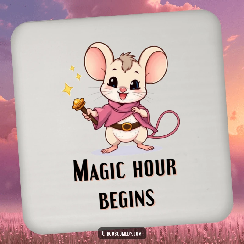 Funny mouse performing a magic trick with a wand on a drink coaster, providing protection with a magical, humorous touch.