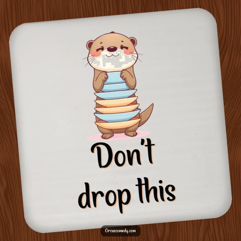 Funny otter balancing a stack of plates on a coaster, protecting tables with humor and dexterity.