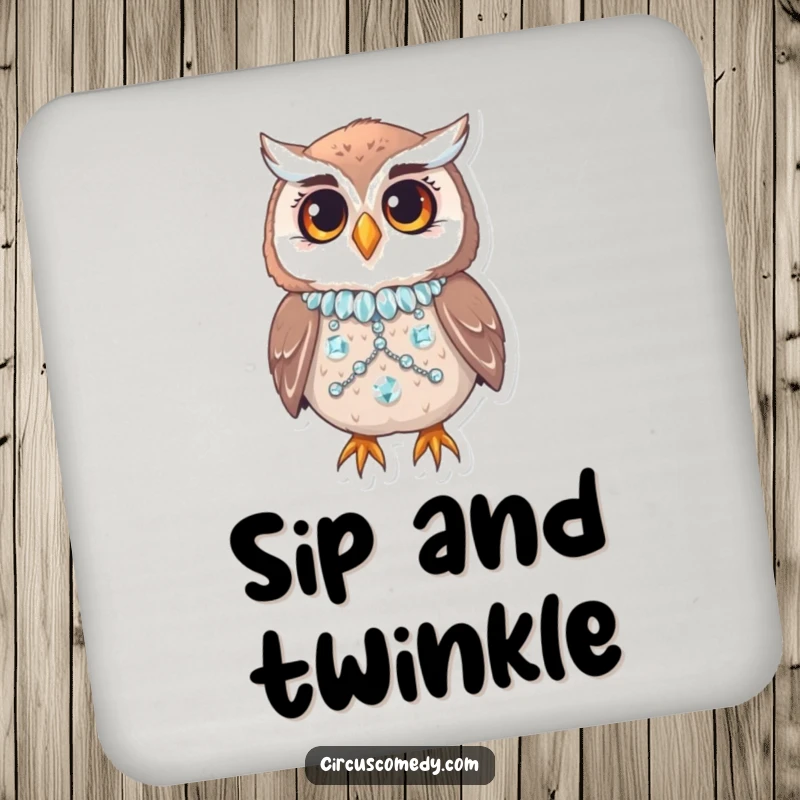 Funny owl in a sequined costume blinking on a coaster, protecting tables with humor and sparkle.