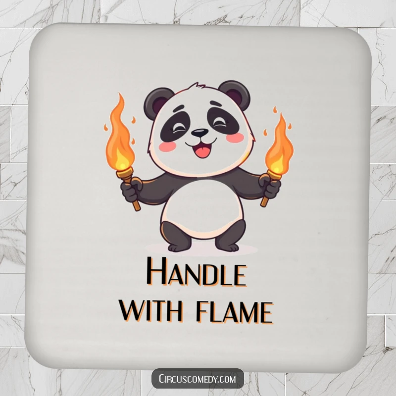 A happy panda juggling flaming torches, a humorous and protective coaster for your beverages.