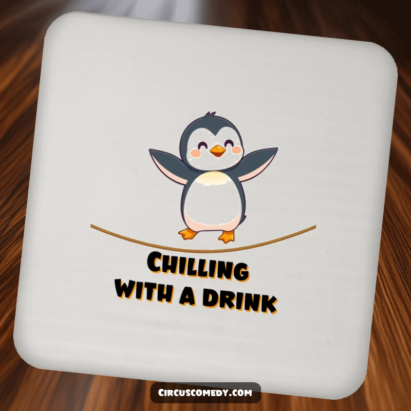 Funny Penguin Tightrope Coasters showing a curious penguin balancing on a tightrope, protecting tables with whimsical humor, an excellent funny gift.