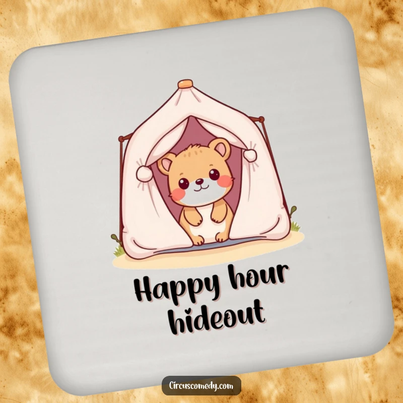 Funny drink coasters with a playful animal peeking from a miniature tent, adding humorous decor.